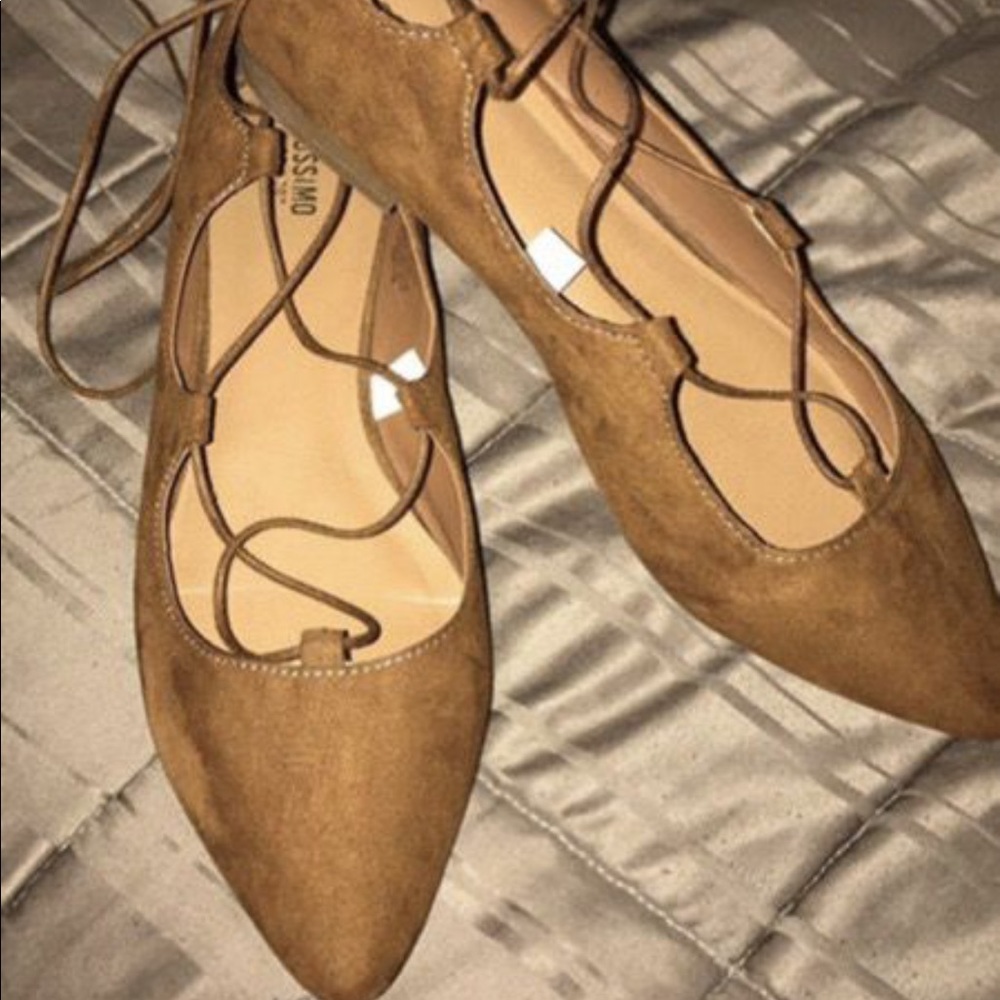Tan ballerina wrap flats